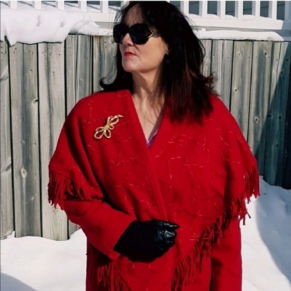 LIKE NEW Vintage Red Wool Fringe Embroidered Pea Coat Western Bohemian Winter - Picture 4 of 16